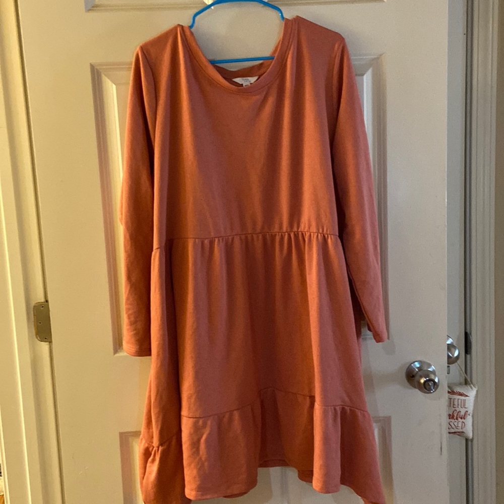 Time and Tru Coral long sleeve waisted ruffle trim dress